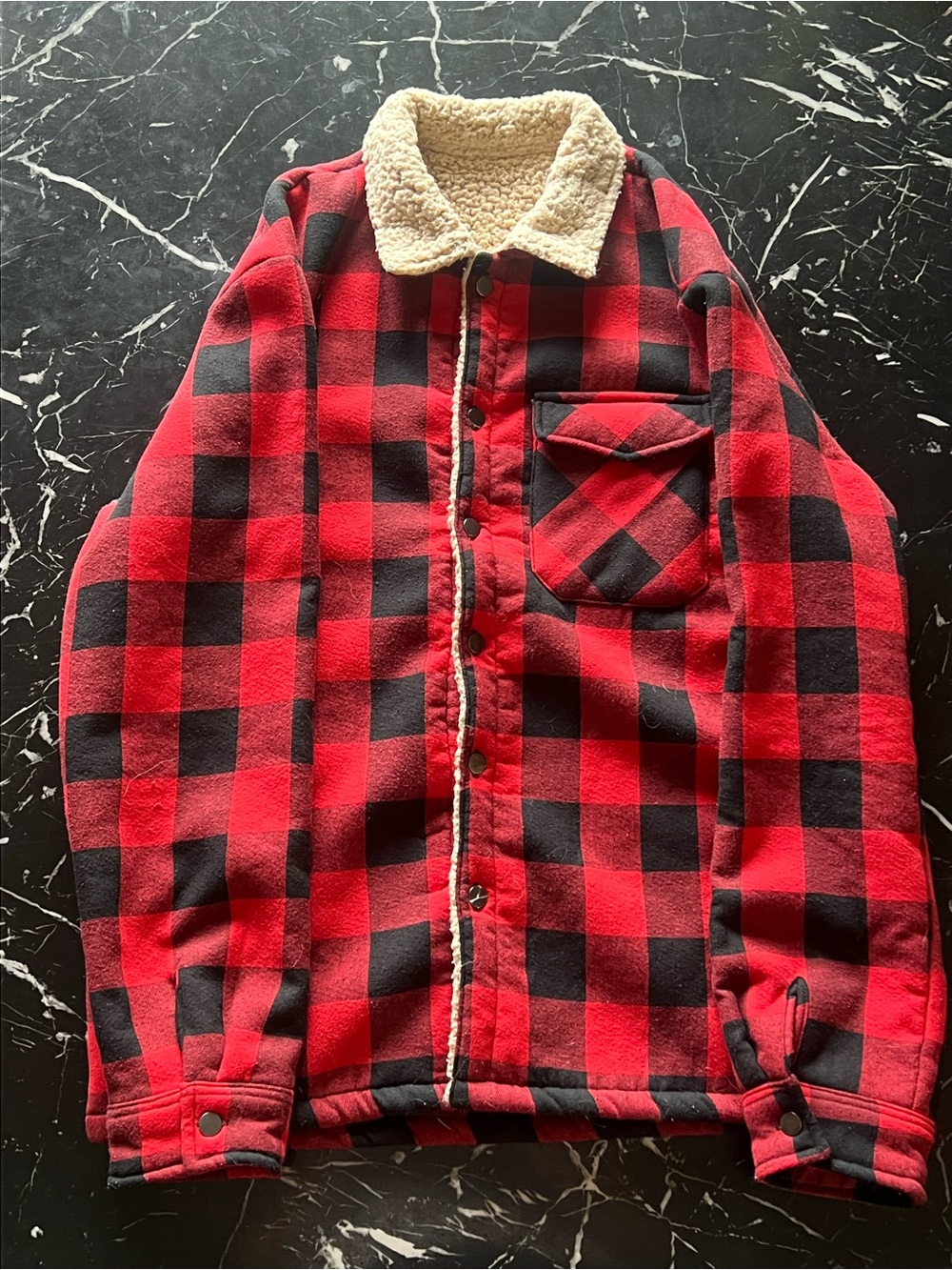 SHEIN Red & Black Buffalo Plaid Sherpa-Lined Men’s Jacket